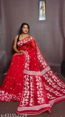 binita Self Design Jamdani Cotton Silk Saree(Red)