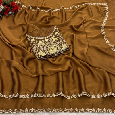 niesha fashion Embroidered Bollywood Chiffon Saree(Mustard)