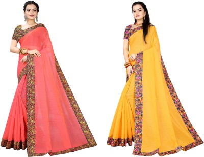 manish Solid/Plain Chanderi Cotton Blend Saree(Pack of 2, Pink, Yellow)