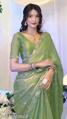 PRISHA Floral Print Bollywood Organza Saree(Green)