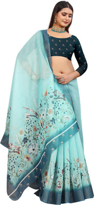 VISHNU Printed Kanjivaram Pure Cotton, Chanderi Saree(Blue)