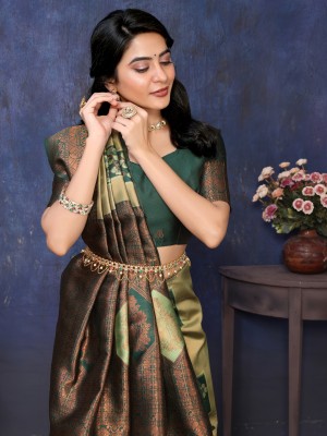 sareya veela Embellished, Self Design, Woven Banarasi Jacquard, Silk Blend Saree(Green)