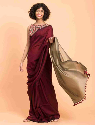 Sandhyatara Solid/Plain Handloom Cotton Blend Saree(Maroon)