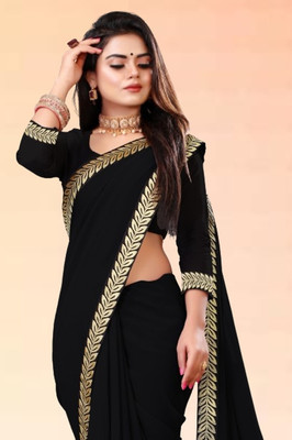 Jevlan Solid/Plain Bollywood Georgette Saree(Black)