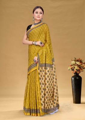 MAITRI CREATION Blocked Printed Daily Wear Cotton Blend Saree(Mustard)