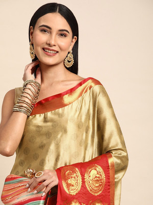yourwish Woven, Checkered, Embellished, Self Design Banarasi Jacquard, Cotton Silk Saree(Beige, Red)
