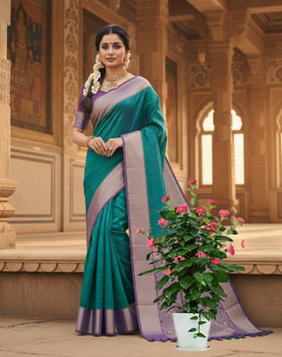 Linenspun Checkered, Embellished, Paisley Kanjivaram Art Silk, Linen Saree(Green)