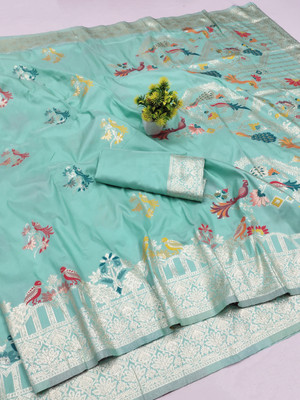 Ratnavali Woven Paithani Silk Blend, Art Silk Saree(Light Blue)