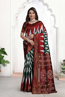 Jay Khodiyar Woven Ikkat Jacquard Saree(Maroon, Green, Multicolor)