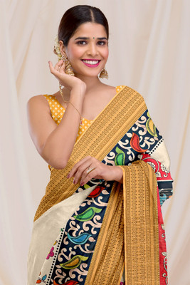 DNKAFASHION Printed, Floral Print Daily Wear Tussar Silk Saree(Yellow, Cream)