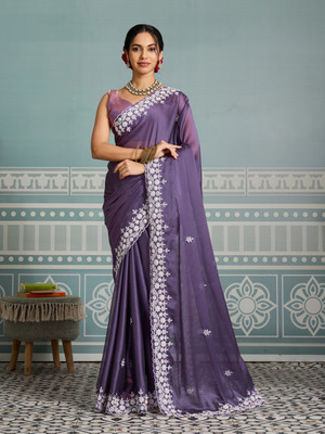 SARETRA MALL Embroidered, Floral Print Bollywood Tissue, Organza Saree(Purple)