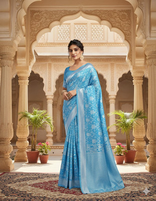Shop Deals Woven, Floral Print, Temple Border, Self Design Banarasi Silk Blend Saree(Blue)
