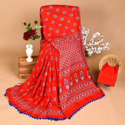 SHIVANYA HANDICRAFTS Printed, Color Block, Blocked Printed Daily Wear Pure Cotton Saree(Red)