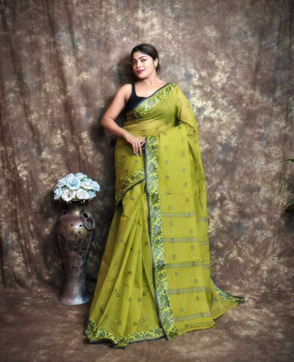 maa textile Woven, Floral Print, Geometric Print, Temple Border Tant Cotton Blend Saree(Green)
