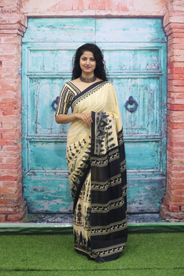 JAI HANUMAN HAND PRINTING Printed Daily Wear Pure Cotton Saree(Cream)