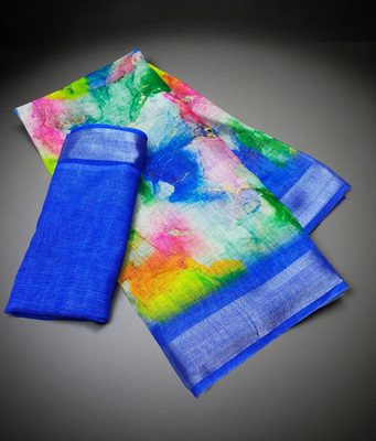 Myraani Floral Print Daily Wear Cotton Linen Saree(Multicolor)