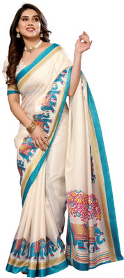 Kjs Printed Ikkat Cotton Blend Saree(Cream)