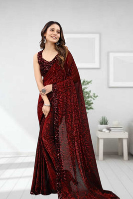 Janvi Boutique Self Design Bollywood Net Saree(Maroon)