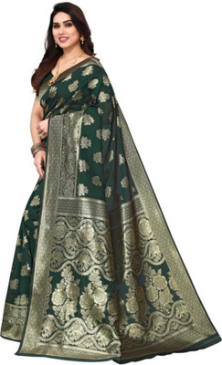 LEAFSY Printed Banarasi Jacquard Saree(Green)