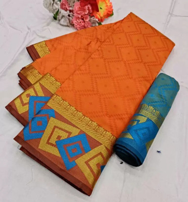 shrikanhafab Color Block Banarasi Cotton Silk Saree(Orange)