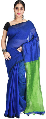 Desh Bidesh Color Block, Printed, Solid/Plain, Paisley Handloom Handloom Cotton Blend, Pure Silk Saree(Blue)