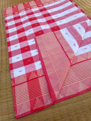 Dristikone Checkered Tant Pure Cotton Saree(White, Red)