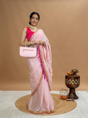 FUTRO CHE Solid/Plain Bollywood Georgette Saree(Pink)