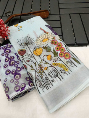 HangerStories Printed, Woven Kanjivaram Pure Cotton, Cotton Linen Saree(Light Blue)