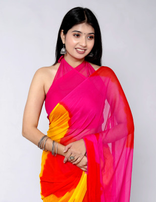 DJ Creations Printed, Self Design, Temple Border, Solid/Plain, Woven Bandhani Chiffon Saree(Red)
