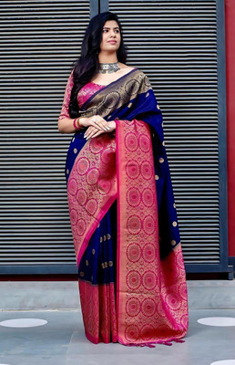 fosgen etp Self Design Kanjivaram Pure Silk Saree(Dark Blue)