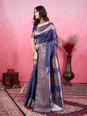 SIDDHESHWAR Self Design Assam Silk Lycra Blend Saree(Blue)