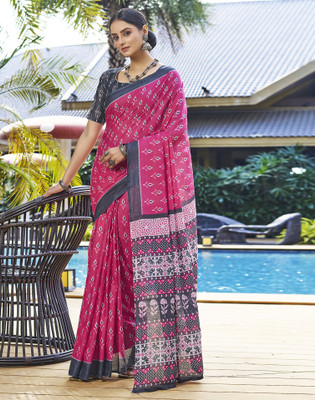 Samah Geometric Print, Printed Ikkat Pure Cotton Saree(Pink, Grey, White)