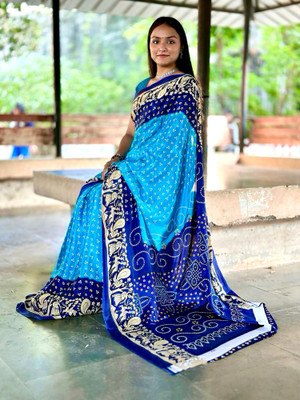 ZENFAB THREADS Animal Print Bandhani Crepe, Silk Blend Saree(Multicolor)
