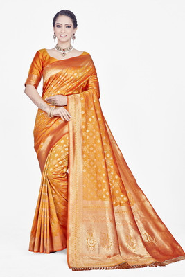 Homigoz Woven Banarasi Silk Blend Saree(Yellow)