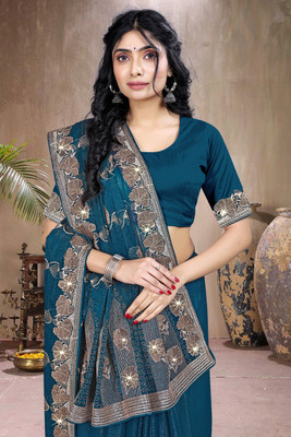 HEMLATA ENTERPRISE Embroidered, Embellished Bollywood Georgette Saree(Blue)