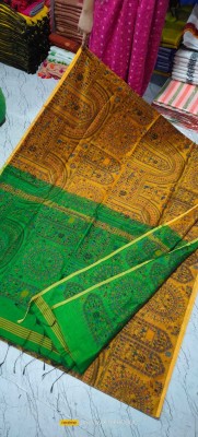 LDma Printed Handloom Cotton Silk Saree(Yellow, Green)