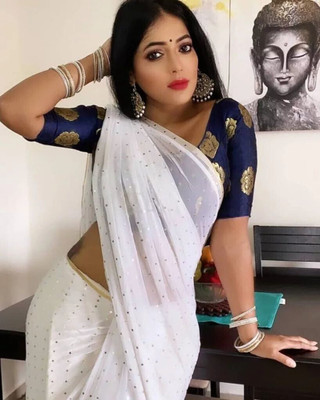 mamtasaree Polka Print Bollywood Net, Chiffon Saree(White)