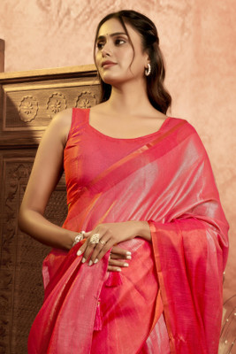 BFM Solid/Plain Bollywood Tissue Saree(Pink)
