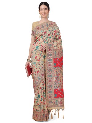 RekhaManiyar Floral Print Banarasi Pure Silk Saree(Beige)