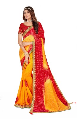 TINA FASHION Temple Border Bollywood Georgette Saree(Gold, Red)