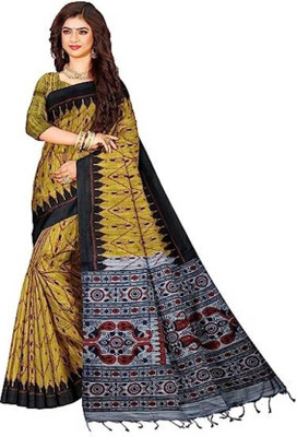 Joyguru Textile Printed Handloom Cotton Blend Saree(Yellow)
