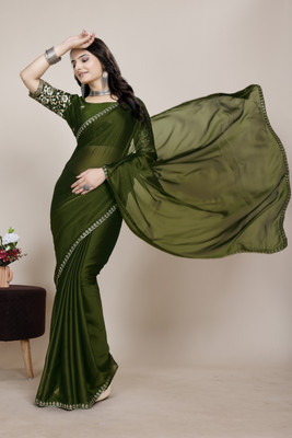 saanvi Self Design Bollywood Silk Blend Saree(Dark Green)