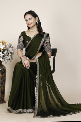 K 5 FASHION Embellished, Embroidered, Solid/Plain Bollywood Chiffon Saree(Light Green)