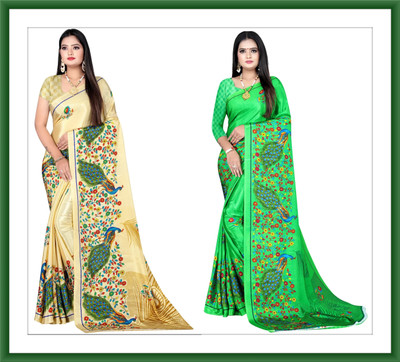 Leelavati Printed Bollywood Crepe Saree(Pack of 2, Gold, Green)