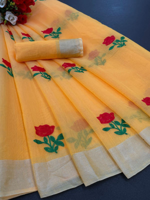 KRIVITY Embroidered Chanderi Cotton Linen Saree(Mustard)