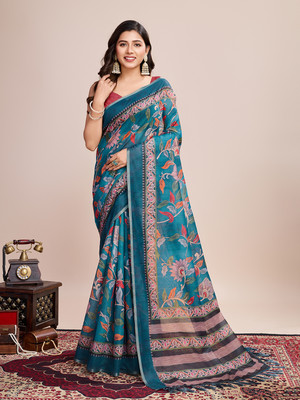 Yogik Creation Floral Print Banarasi Linen Saree(Blue)