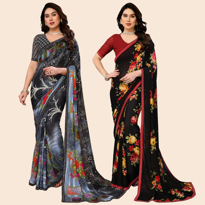 Anand Sarees Printed Bollywood Georgette Saree(Pack of 2, Grey, Black)