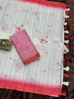 Tasrika Digital Print Gadwal Cotton Linen Saree(White, Red)