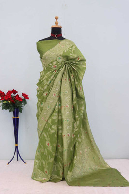 Aviora Floral Print Handloom Cotton Linen Saree(Light Green)