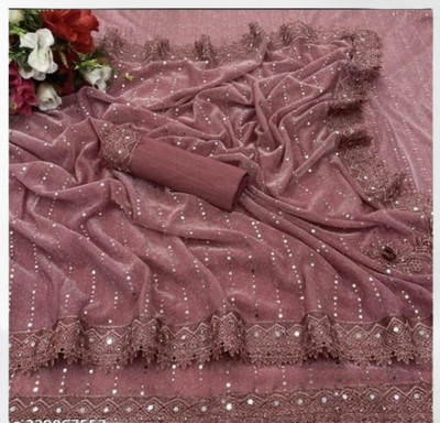 AAI KHODAL CREATION Solid/Plain Bollywood Lycra Blend Saree(Beige)